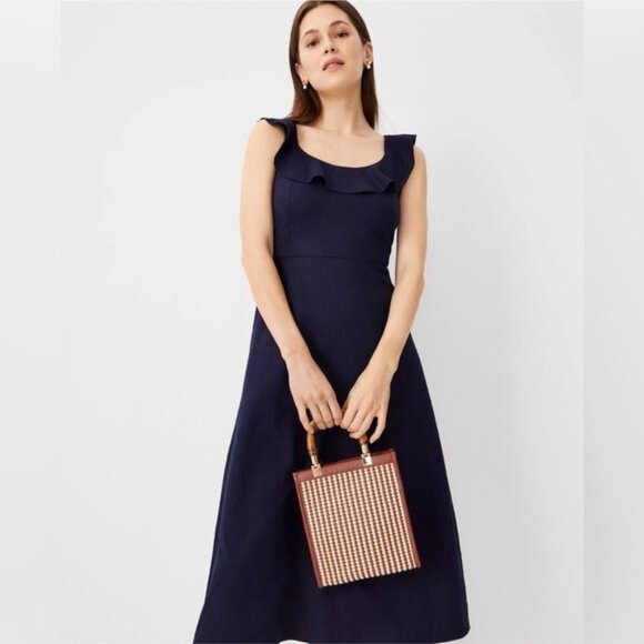 Ann Taylor Navy Linen Blend Scoop Flutter Sleeve Midi Dress 12 P - Picture 13 of 13